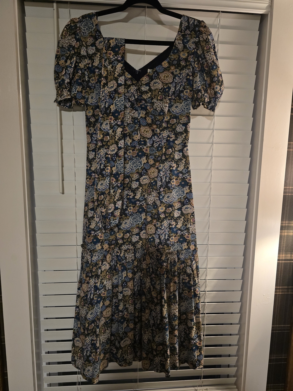 ANTONIO MELANI Blue and Tan Floral Puff-Sleeve Midi Dress